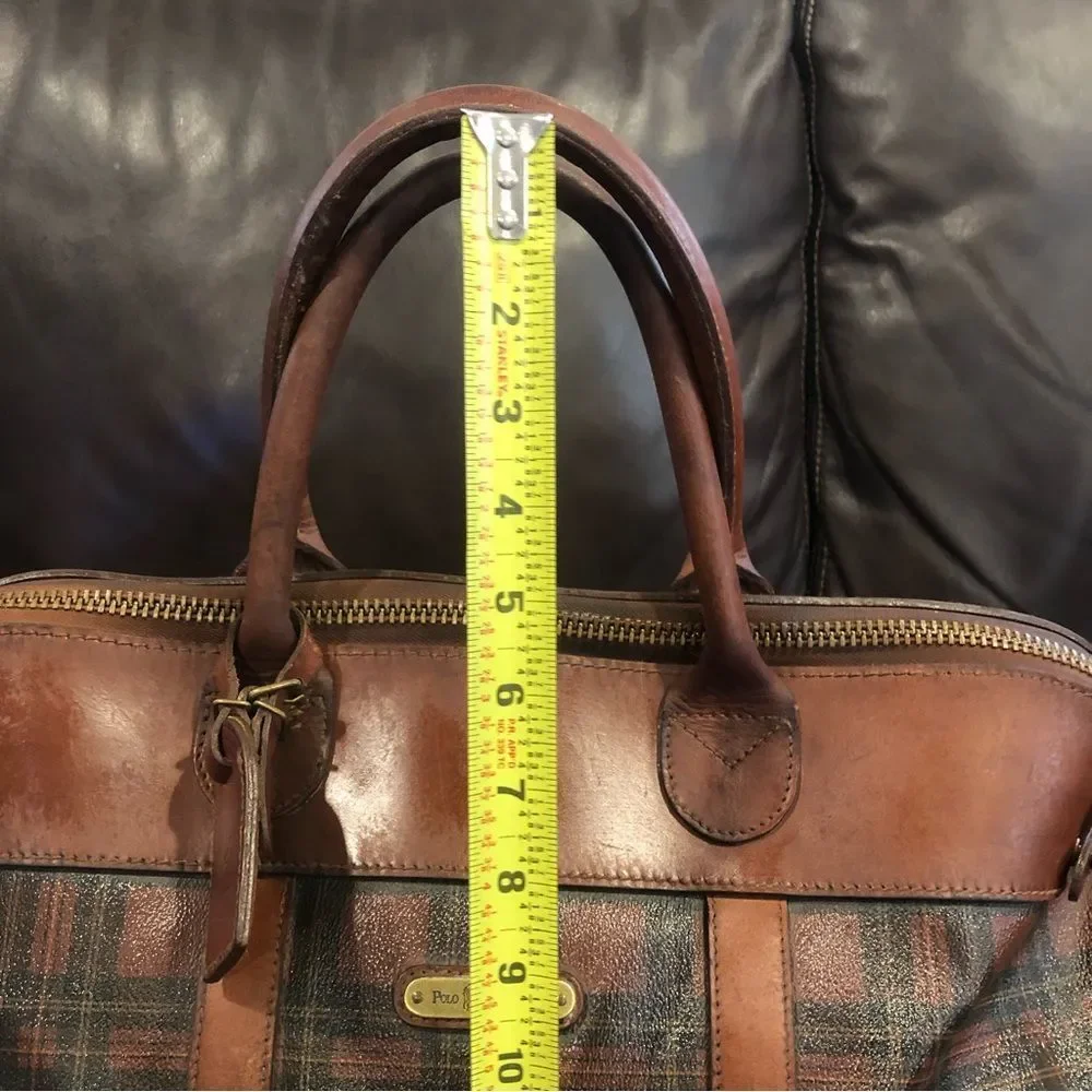 RALPH LAUREN Brown Green Top Handle Tartan Plaid Boston Duffle Travel Bag 55cm